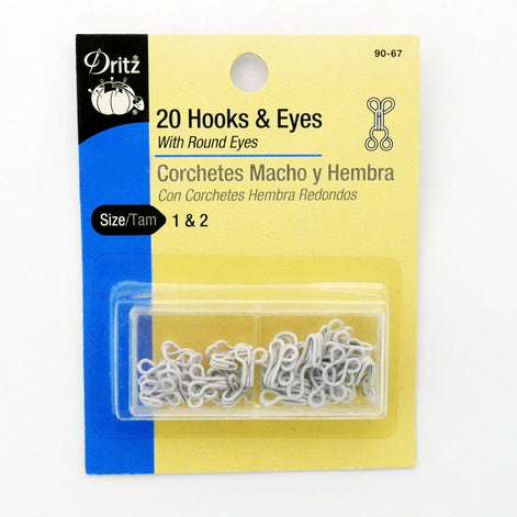 Dritz 20 White Hooks & Eyes Size 1 & 2 With Round Eyes - Cutex